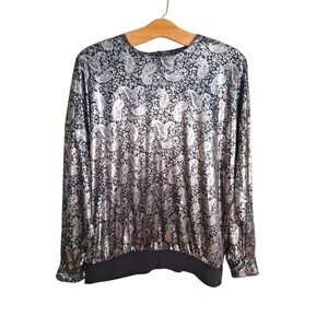 Vintage 80s Liquid Silver/Black Paisley Print Dolman Sleeve Blaouse Women PL